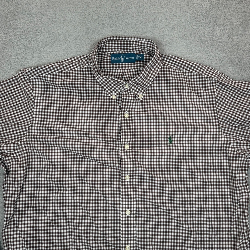 Ralph Lauren Mens XXL Brown White Gingham Check Cotton Button Down Shirt‎ Logo